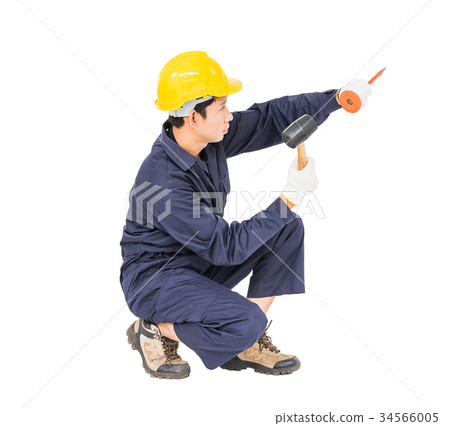 Man hold hammer and cold chisel on white 34566005