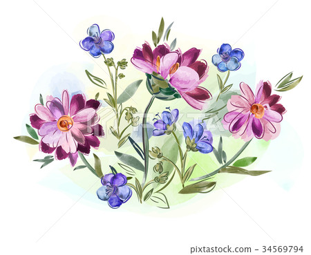 Watercolor flowers violets and pansy and leaves on Watercolor flowers violets and pansy and leaves on 34569794