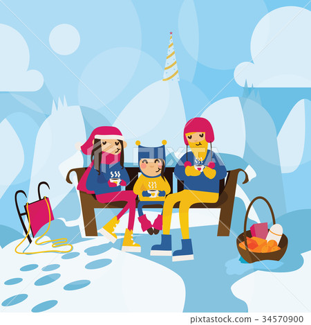 Happy family sitting on the bench on the hill Happy family sitting on the bench on the hill 34570900