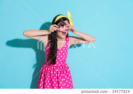 happy smiling woman holding fresh donut food 34577824