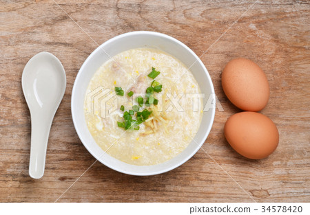 Thai style breakfast with pork and soft-boiled egg Thai style breakfast with pork and soft-boiled egg 34578420