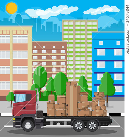 Truck transporting brown cardboard package 34579844