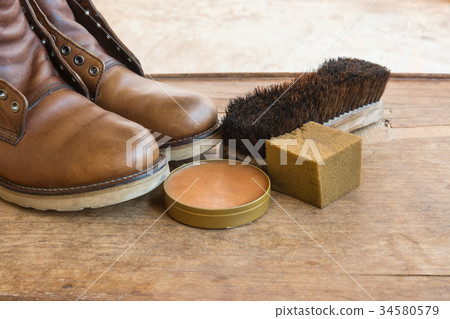 old brown leather shoes with accessories for clean 34580579
