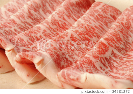 Marbled Meat For Sukiyaki Stock Photo