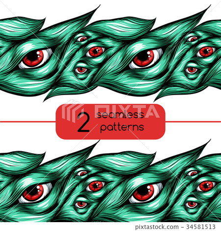 Set of seamless patterns. Waves of hair. Eyes. 34581513