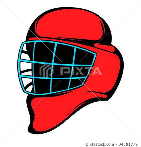 Red hockey helmet with cage icon, icon cartoon Red hockey helmet with cage icon, icon cartoon 34581779