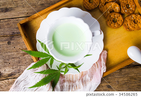 Green milk with marijuana on rustic wooden table Green milk with marijuana on rustic wooden table 34586265