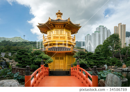 Golden pavilion temple with red bridge, Hong Kong 34586789