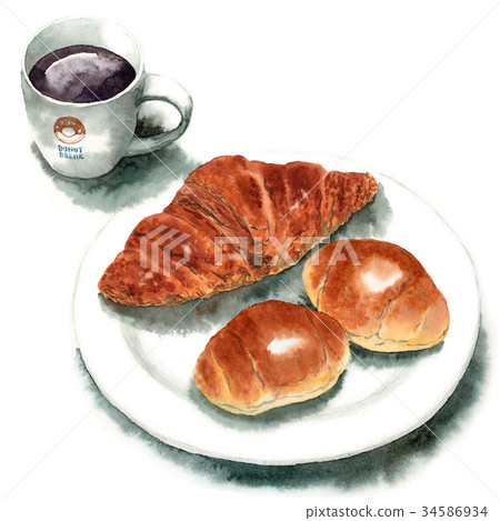 Analog watercolor coffee and croissant and butter roll on a plate 34586934