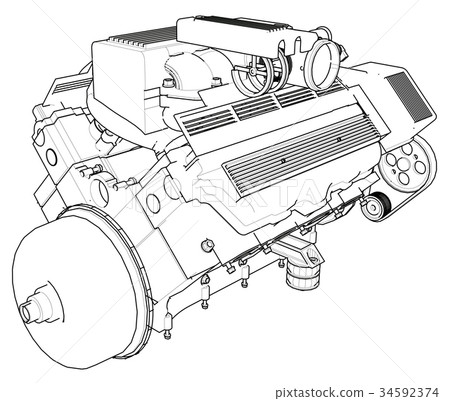 Powerful car engine. The engine is drawn with 34592374
