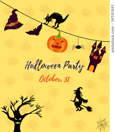 Halloween invitation card with cat, ghost house 34593841