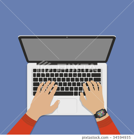 Hands on laptop keyboard with blank screen monitor 34594935