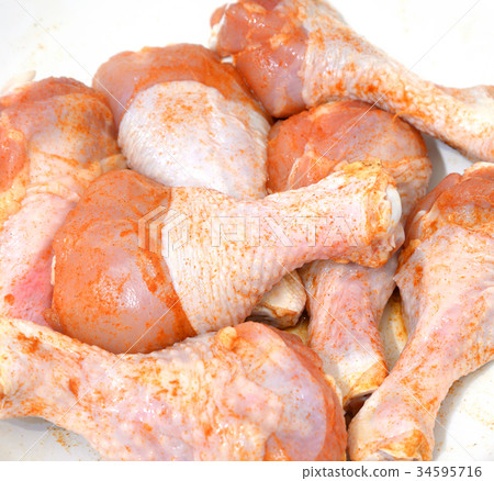 Raw chicken drumstick close up. Raw chicken drumstick close up. 34595716