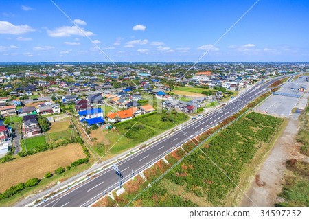 在三埠郡Kujukuri-cho的Mukudo Beach Beach附近的航拍照片 在三埠郡Kujukuri-cho的Mukudo Beach Beach附近的航拍照片 34597252