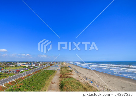 在三埠郡Kujukuri-cho的Mukudo Beach Beach附近的航拍照片 在三埠郡Kujukuri-cho的Mukudo Beach Beach附近的航拍照片 34597553