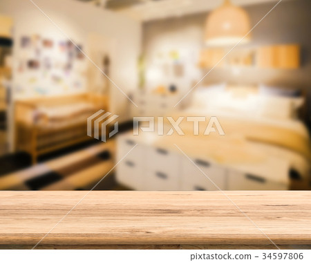 wooden counter with bedroom background 34597806