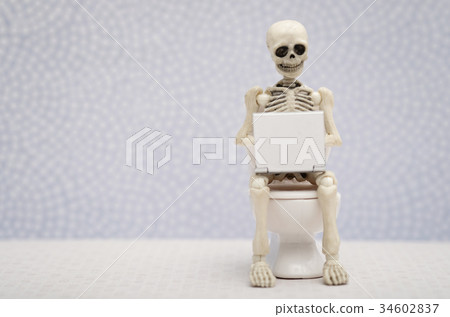A skeleton and laptop on water closet 34602837