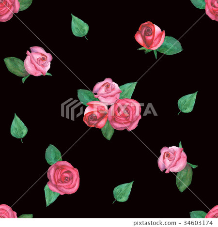 Watercolor pattern with roses on black background 34603174