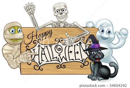 Happy Halloween Cartoon Monsters Sign Background 34604292