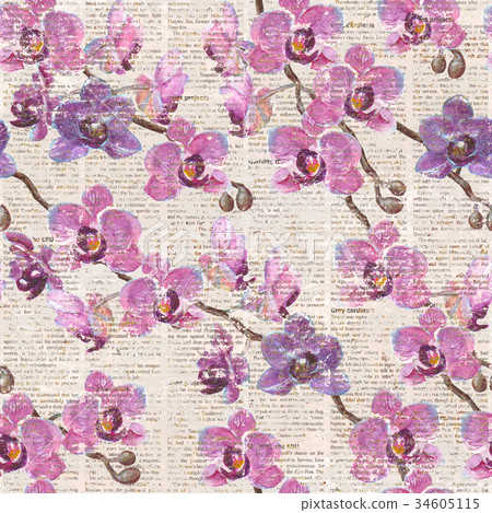 Orchid pattern on newspaper background Orchid pattern on newspaper background 34605115