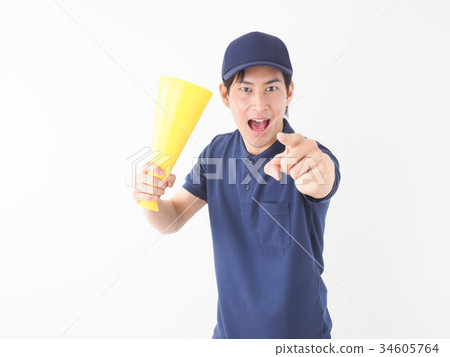 Worker with a yellow megaphone Worker with a yellow megaphone 34605764