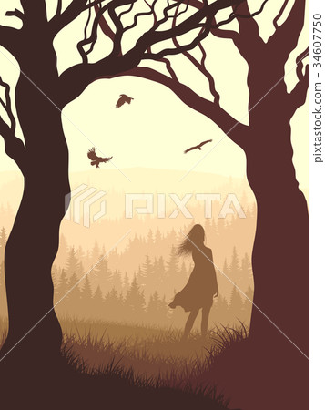 llustration within forest with silhouette girl. 34607750
