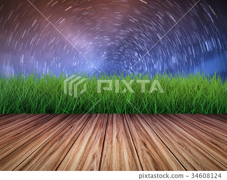 wooden floor with green grass at night 34608124