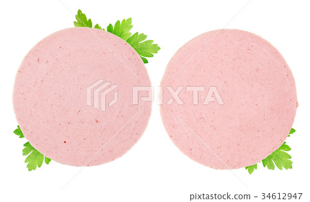 Slices of smoked ham isolated on white Slices of smoked ham isolated on white 34612947