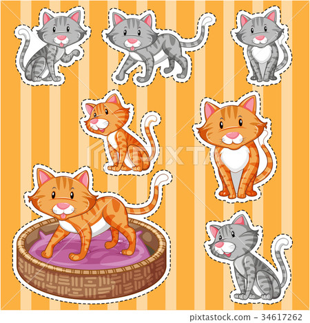 Sticker set with cute cats on yellow background Sticker set with cute cats on yellow background 34617262