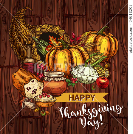 Thanksgiving day sketch vector cornucopia poster Thanksgiving day sketch vector cornucopia poster 34618202