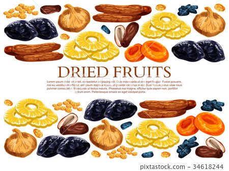 Vector poster of dried fruits snacks Vector poster of dried fruits snacks 34618244