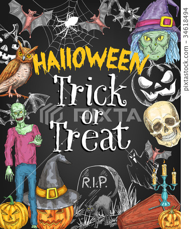 Halloween holiday trick treat vector sketch poster 34618494