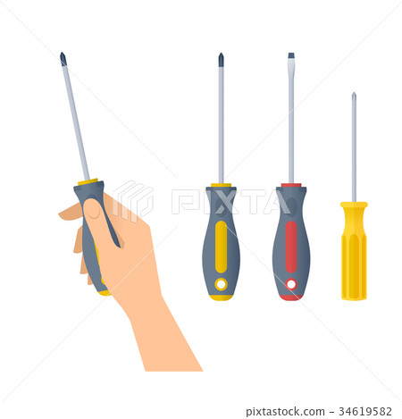 Hand holds screwdrivers with cross and flat header 34619582
