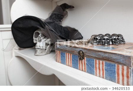 Human skull in a white cabinet. Halloween theme 34620533