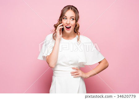Happy woman phone talking. Face with toothy smile Happy woman phone talking. Face with toothy smile 34620779