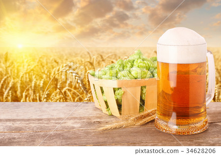 mug of beer against wheat field 34628206