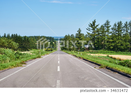 Hokkaido A straight road leading to the sea Hokkaido A straight road leading to the sea 34631472