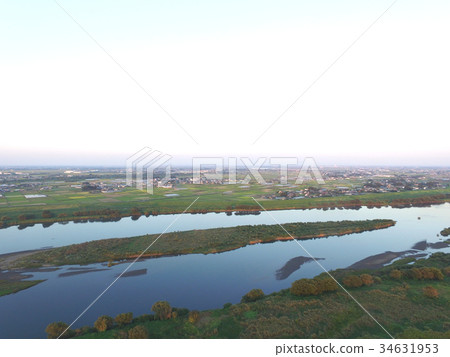 Drone Aerial view Tonegawa Saitama Prefecture Kazo city 80m altitude Aerial photograph 34631953