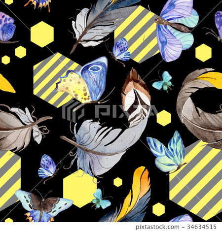 Exotic butterfly wild insect and feathers pattern 34634515