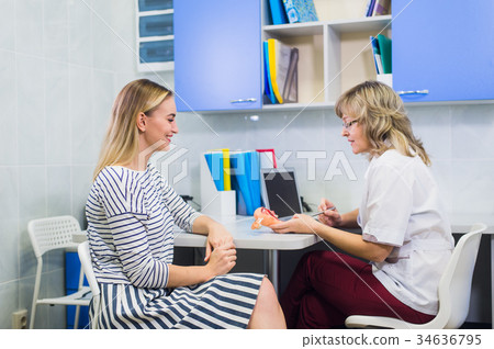 Female doctor gynecologist with patient at her Female doctor gynecologist with patient at her 34636795