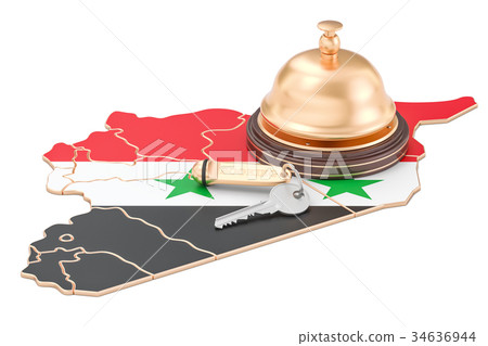 Syria booking concept. Syrian flag with hotel key 34636944