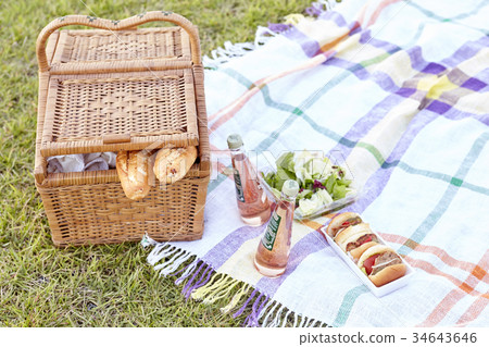 Sandwiches, beverages, picnic 34643646