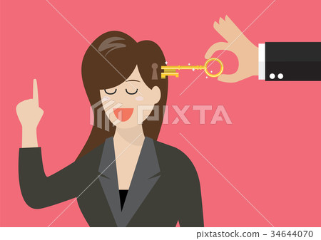 Man holding a key unlocking business woman mind Man holding a key unlocking business woman mind 34644070