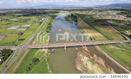 鳥瞰圖]九州北部大雨後的Esusu Yukuhashi（Eso Shukubashi）築後川和Esu Soybridge 34646200