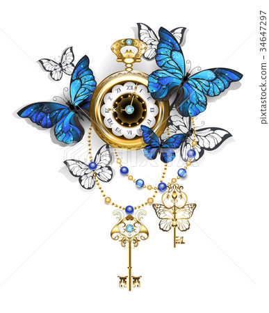Antique clock with butterflies morpho 34647297