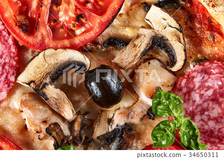 Closeup of pizza with salami, tomatoes and olives Closeup of pizza with salami, tomatoes and olives 34650311