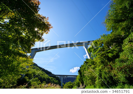 Looking up to the blue sky and loop bridge Oku Chichibu Lightning Den Rokugi Bridge c 34651791