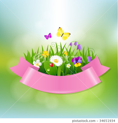 Spring Flowers With Pink Ribbon Spring Flowers With Pink Ribbon 34651934