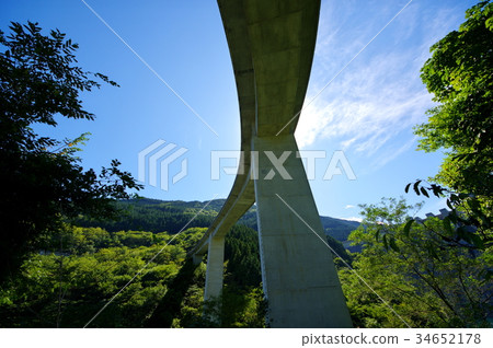 Looking up at the blue sky and loop bridge Oku Chichibu Lightning Den Rokugi Bridge g-1 from directly below 34652178
