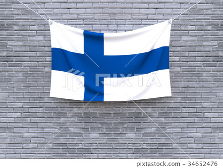 Finland flag hanging on brick wall.  34652476